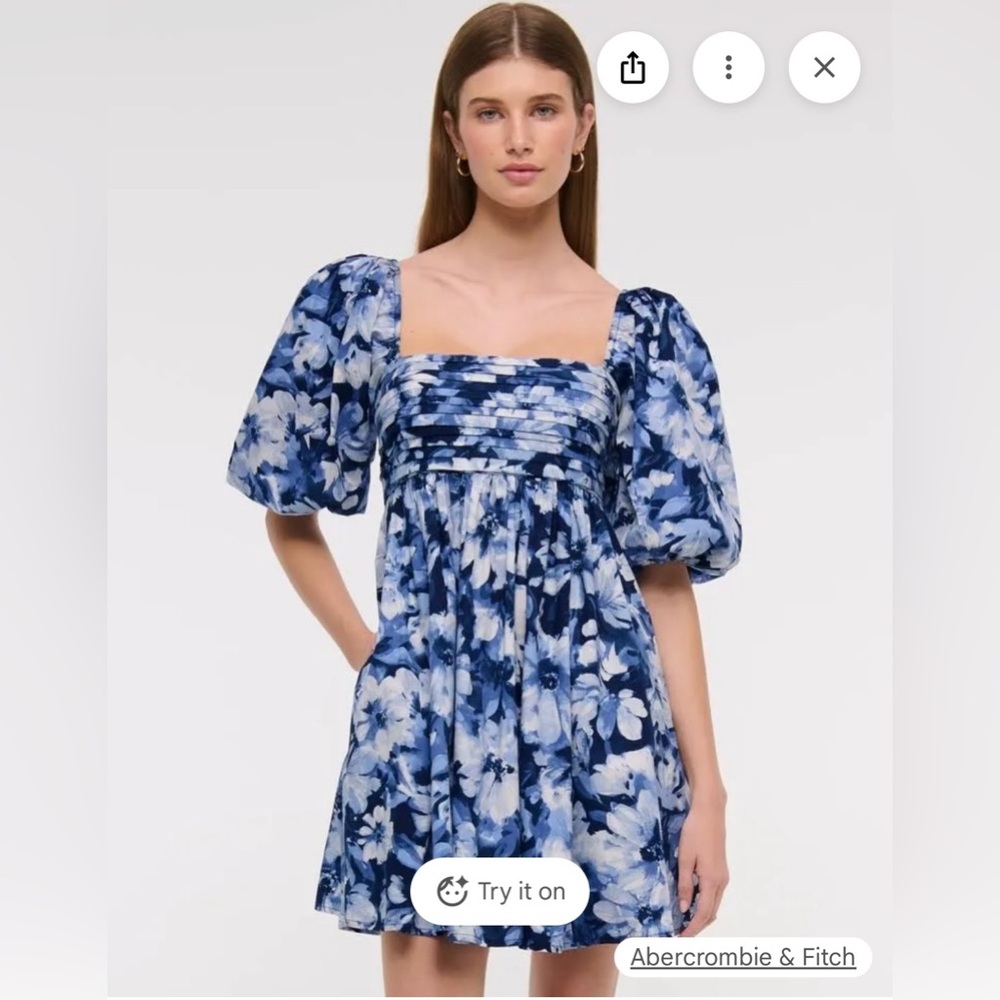 Abercrombie & Fitch Blue Floral Puff-Sleeve Mini Dress